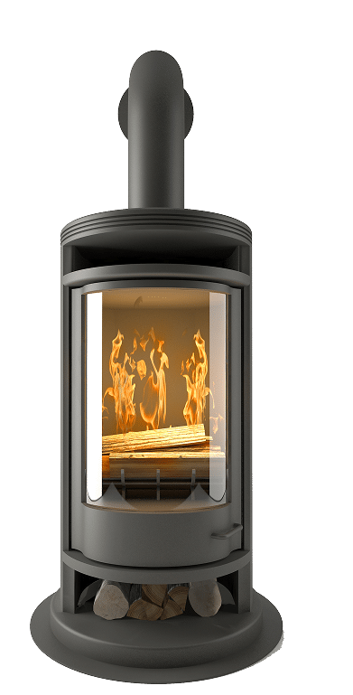 Poêle à bois moderne cylindrique gris anthracite avec flammes vives et bûches visibles à travers la vitre, rangement intégré en bas.