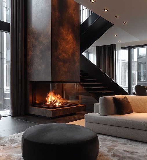 Cheminée moderne en métal patiné avec feu vif, au centre d'un salon élégant. Pouf foncé, canapé clair et escalier noir contemporain.