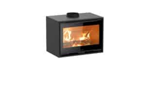 Foyer fermé Jolly Mec moderne, couleur anthracite, avec bûches en feu. Le design est épuré, idéal pour l'insert cheminée.