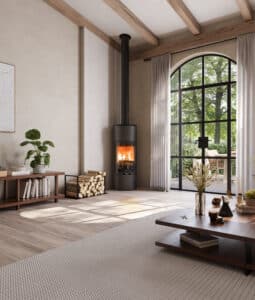 Vue chaleureuse d'un salon scandinave : cheminée noire, parquet clair, poutres apparentes et grande baie vitrée.